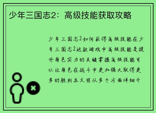 少年三国志2：高级技能获取攻略